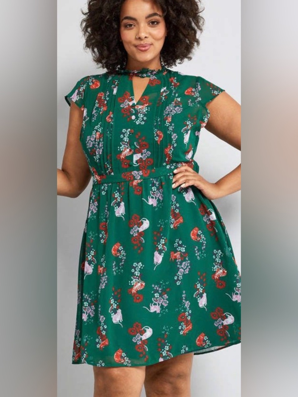ModCloth Emerald Green Floral Fit-and-Flare Dress